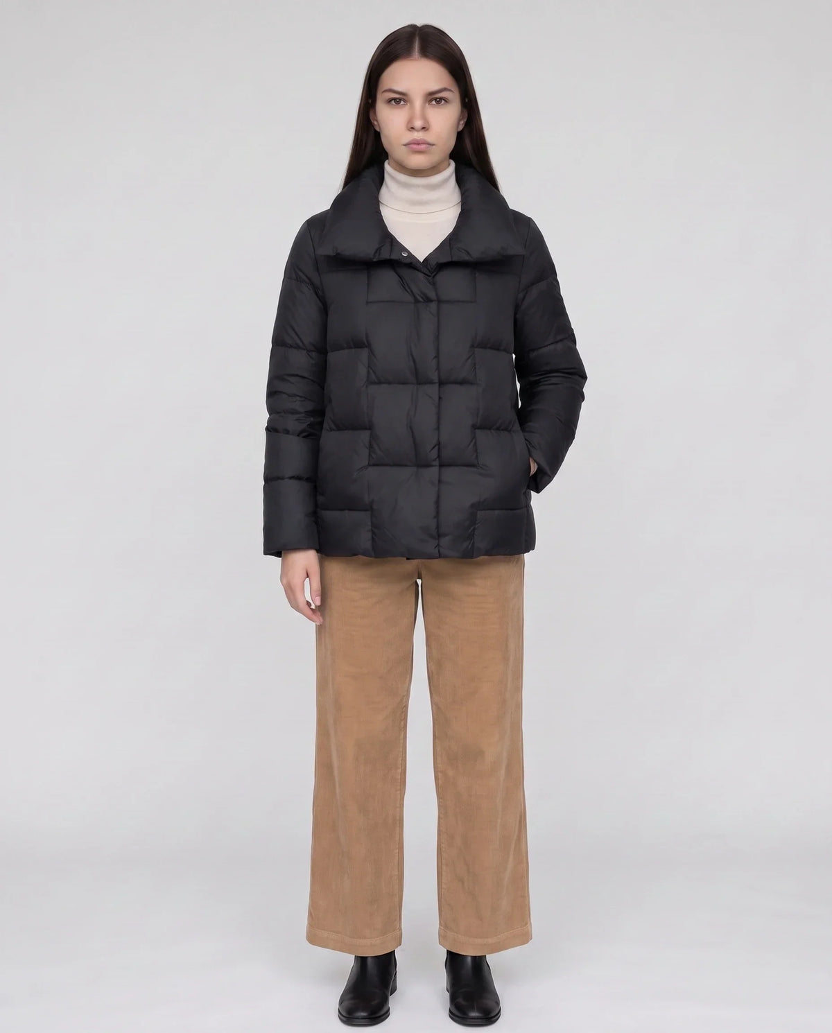 Short Puffer Jacket with Large Collar and Box Quilting
