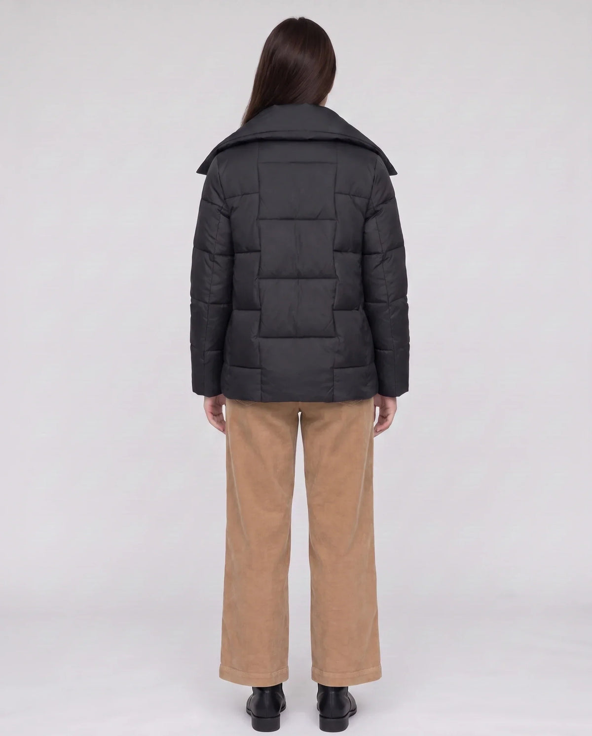 Short Puffer Jacket with Large Collar and Box Quilting