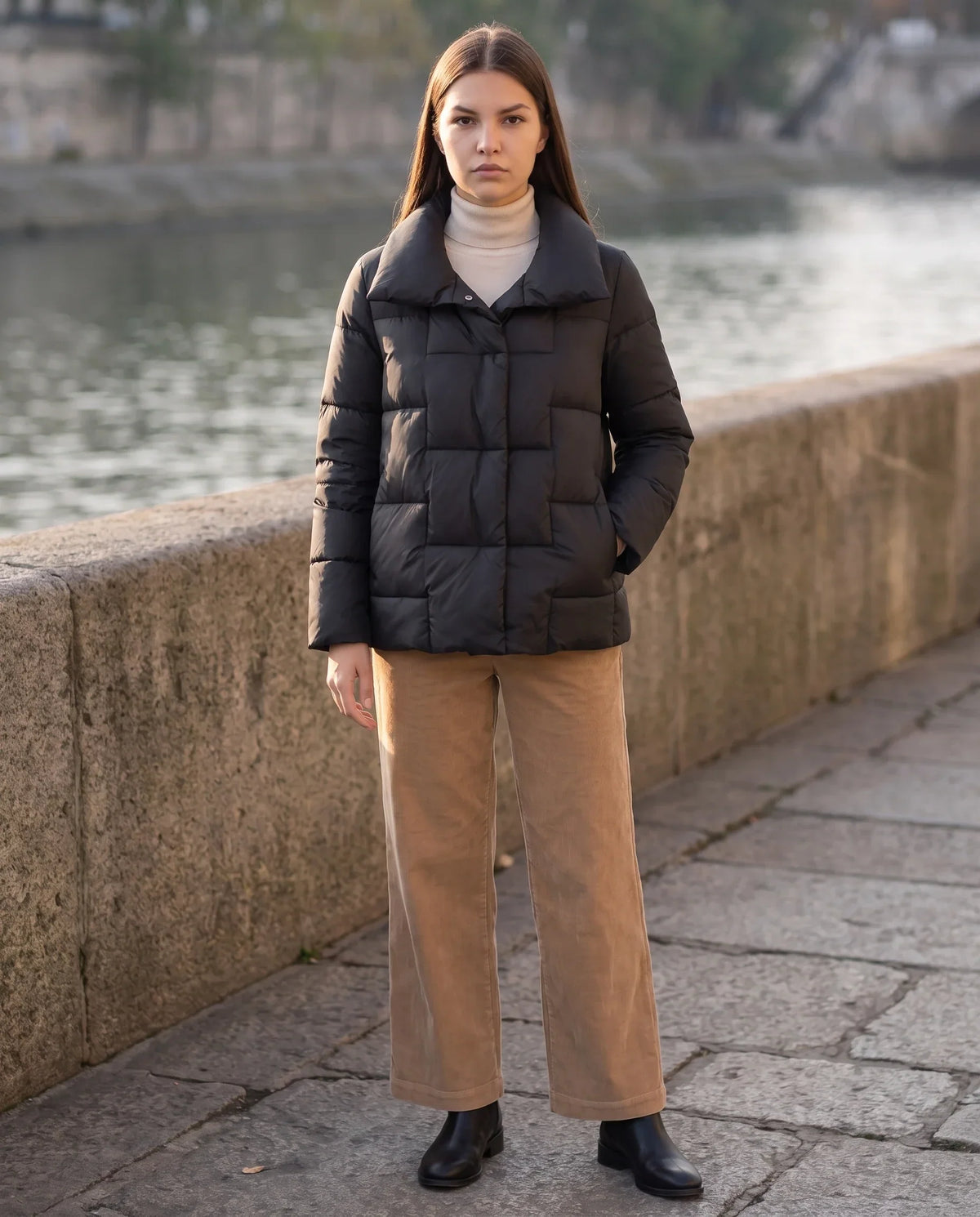 Short Puffer Jacket with Large Collar and Box Quilting