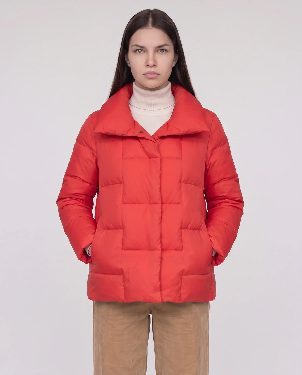 Short Puffer Jacket with Large Collar and Box Quilting