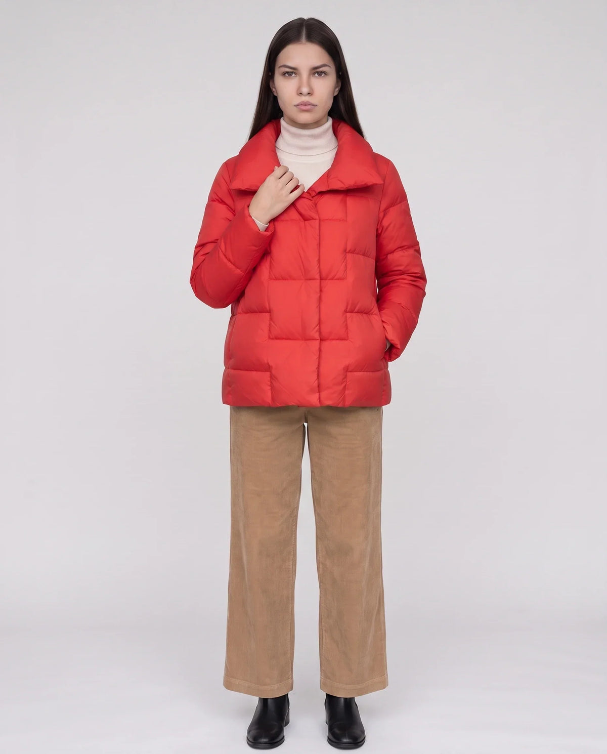 Short Puffer Jacket with Large Collar and Box Quilting