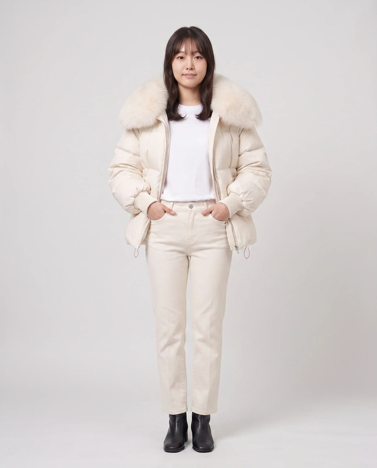 Short Puffer Jacket with Large Faux Fur Shawl Collar