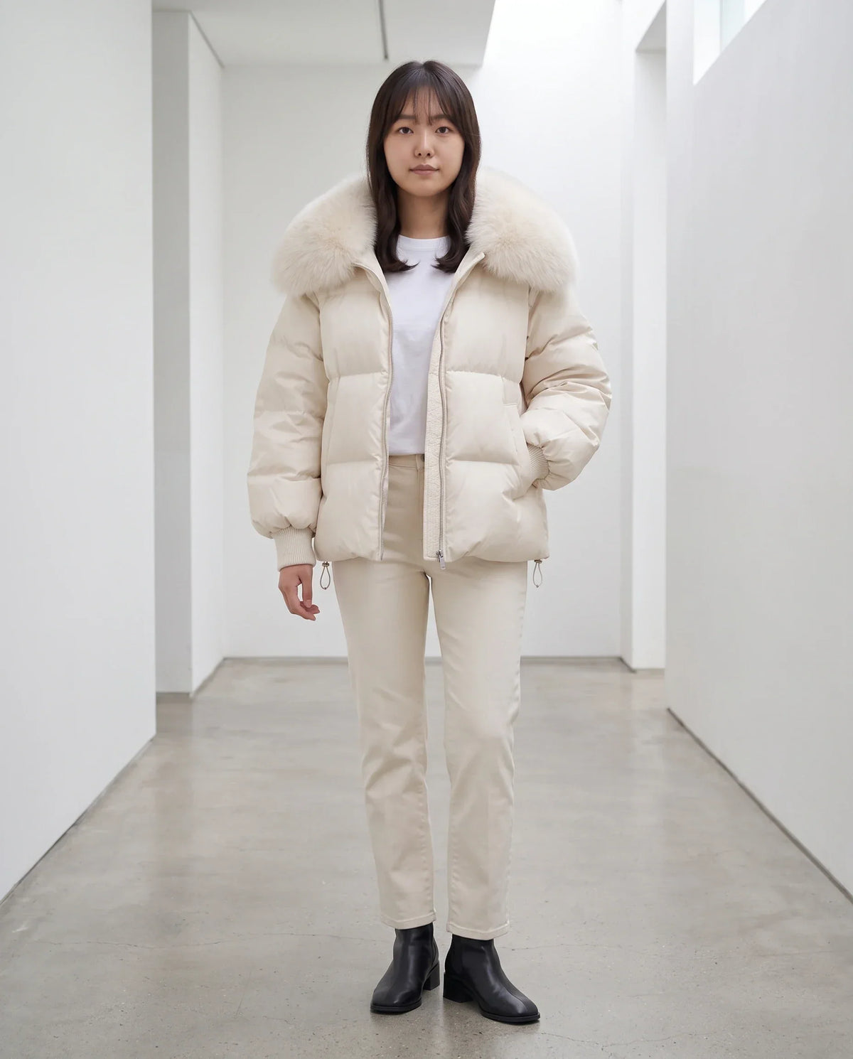 Short Puffer Jacket with Large Faux Fur Shawl Collar