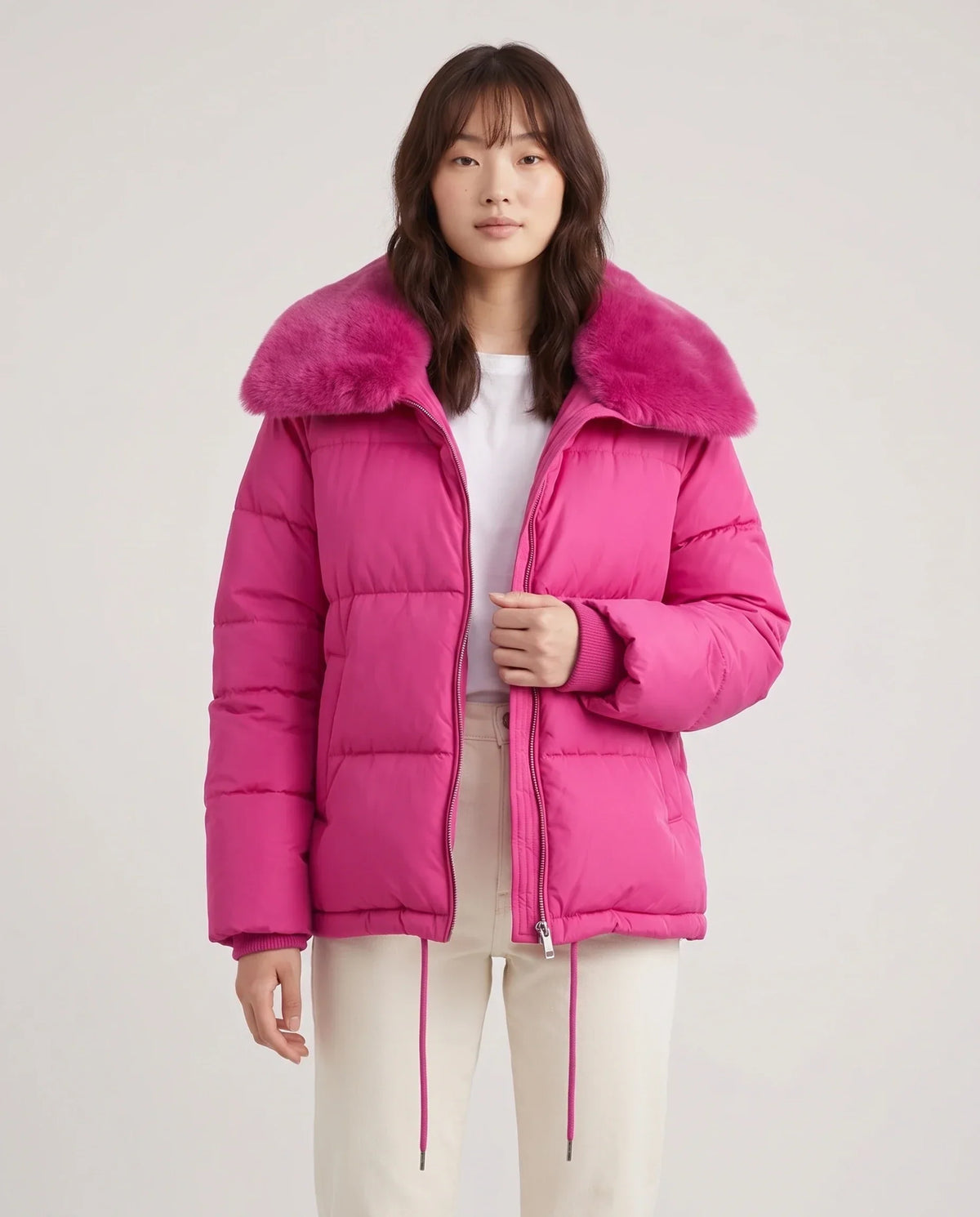 Short Puffer Jacket with Large Faux Fur Shawl Collar