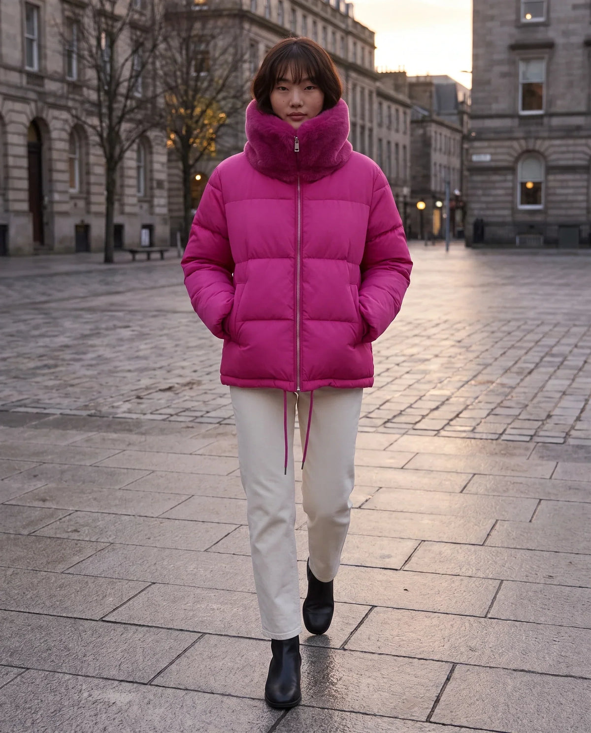 Short Puffer Jacket with Large Faux Fur Shawl Collar