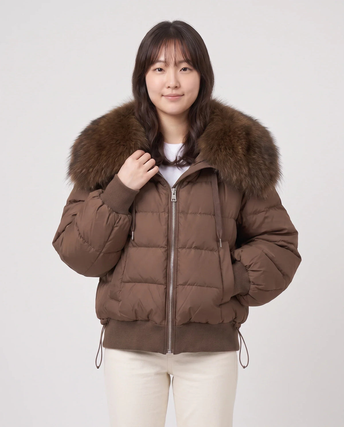 Short Puffer Jacket with Large Faux Fur Shawl Collar
