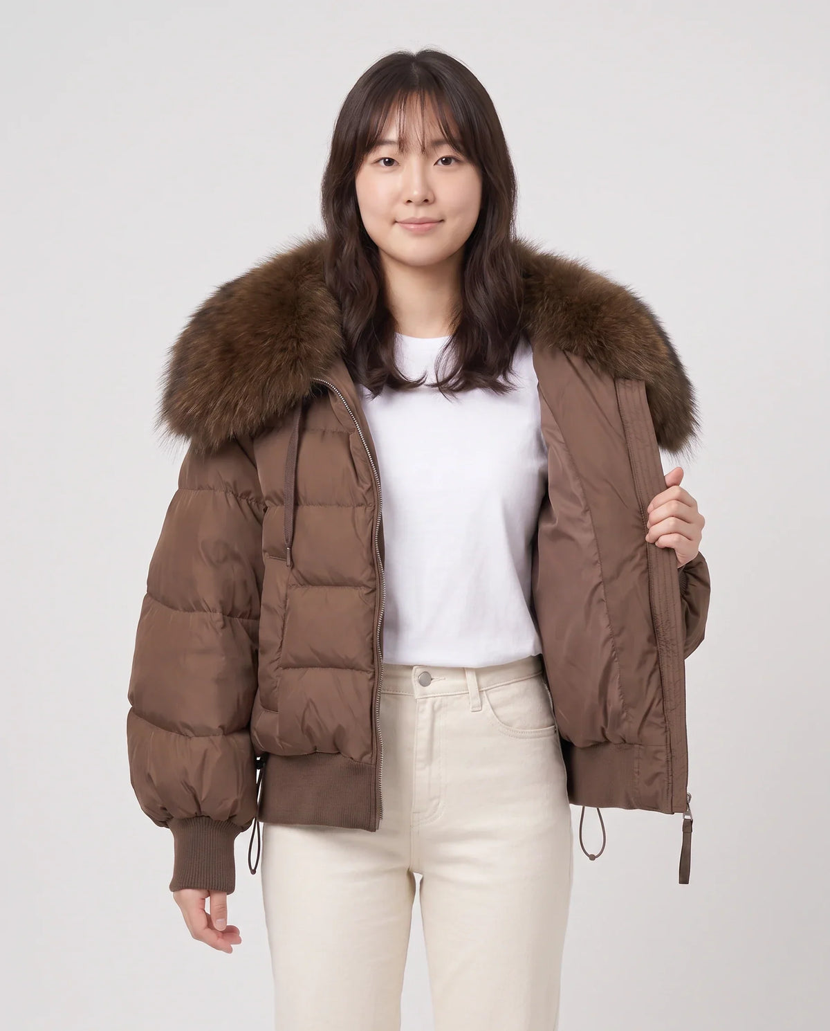 Short Puffer Jacket with Large Faux Fur Shawl Collar