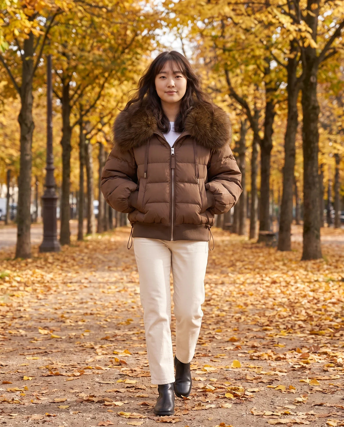 Short Puffer Jacket with Large Faux Fur Shawl Collar