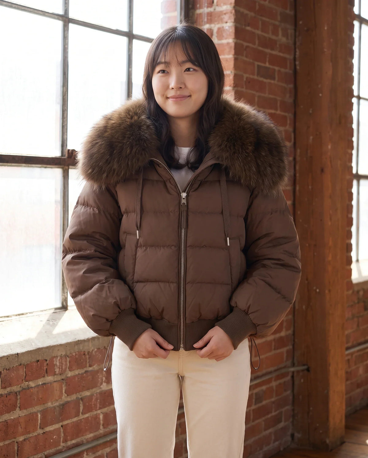 Short Puffer Jacket with Large Faux Fur Shawl Collar