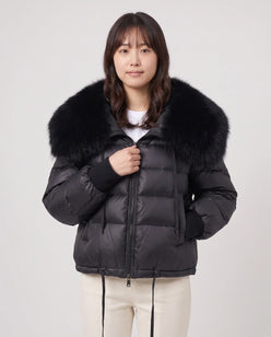 Short Puffer Jacket with Large Faux Fur Shawl Collar