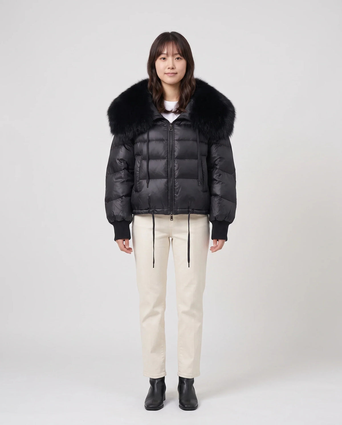 Short Puffer Jacket with Large Faux Fur Shawl Collar