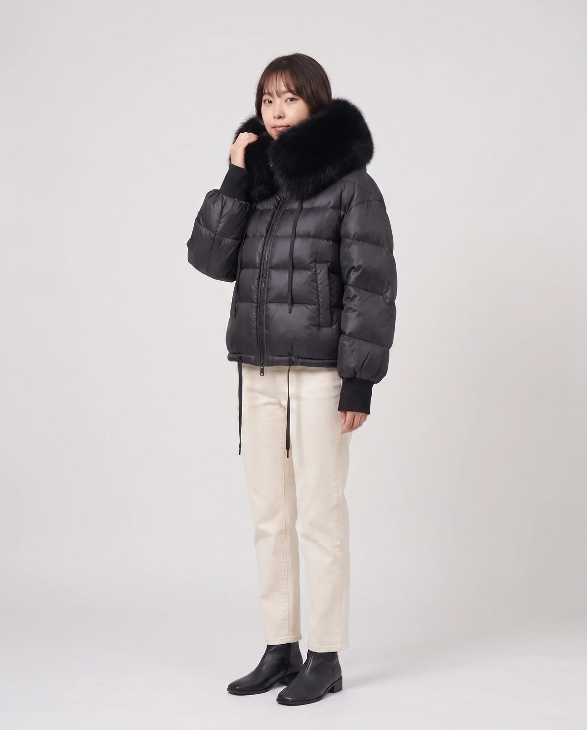 Short Puffer Jacket with Large Faux Fur Shawl Collar