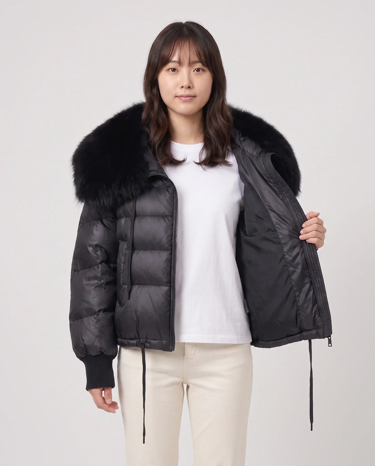 Short Puffer Jacket with Large Faux Fur Shawl Collar