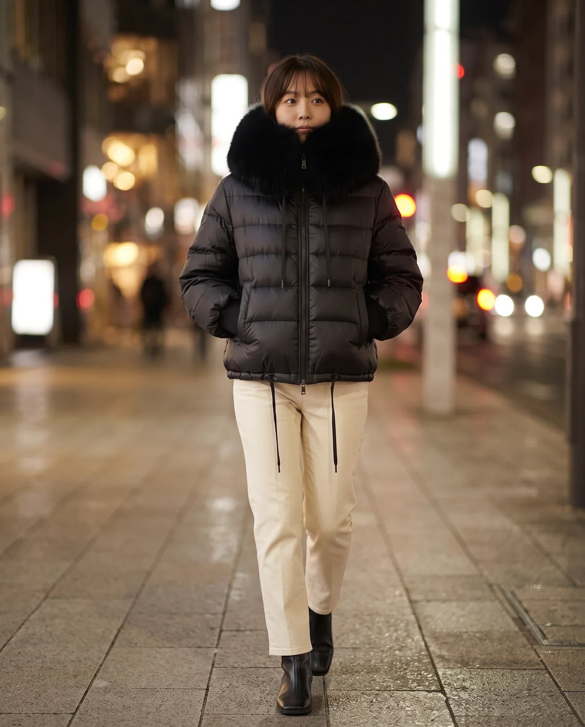 Short Puffer Jacket with Large Faux Fur Shawl Collar