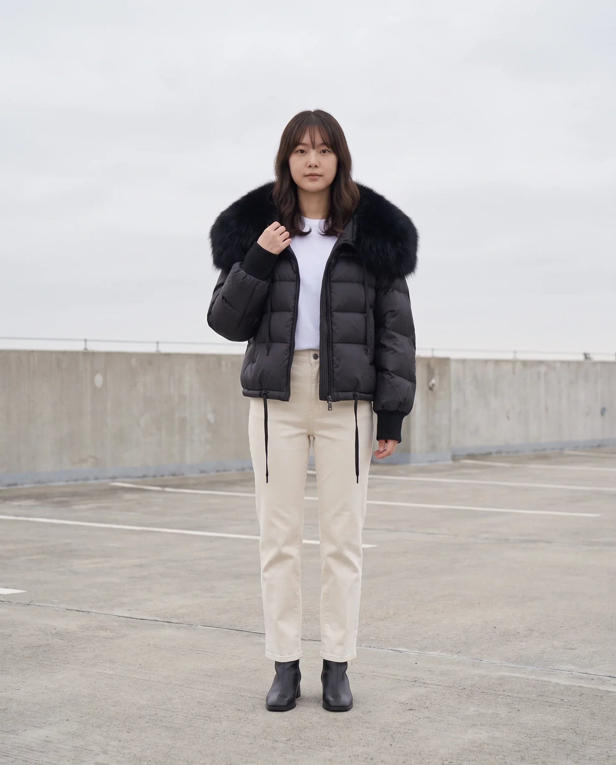 Short Puffer Jacket with Large Faux Fur Shawl Collar