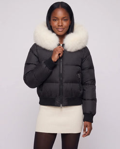 Short Bomber Puffer Jacket with Faux Fur Hood
