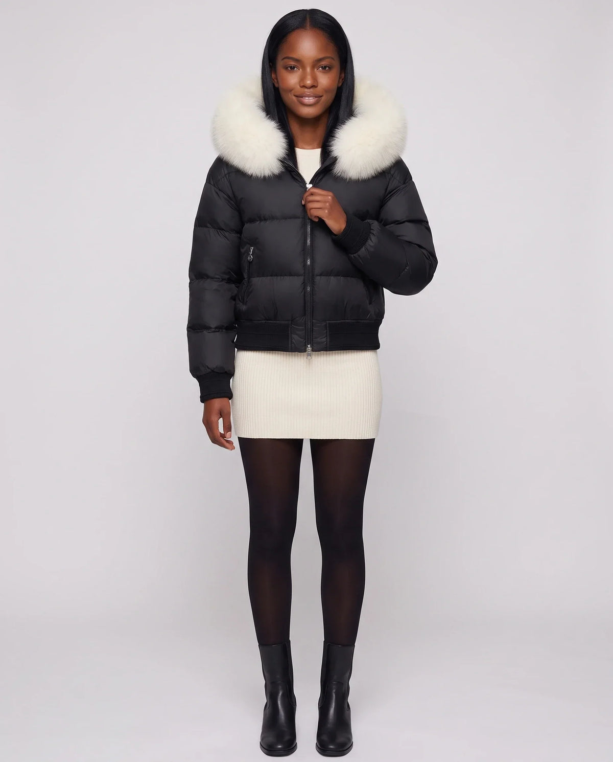 Short Bomber Puffer Jacket with Faux Fur Hood