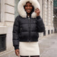 Short Bomber Puffer Jacket with Faux Fur Hood
