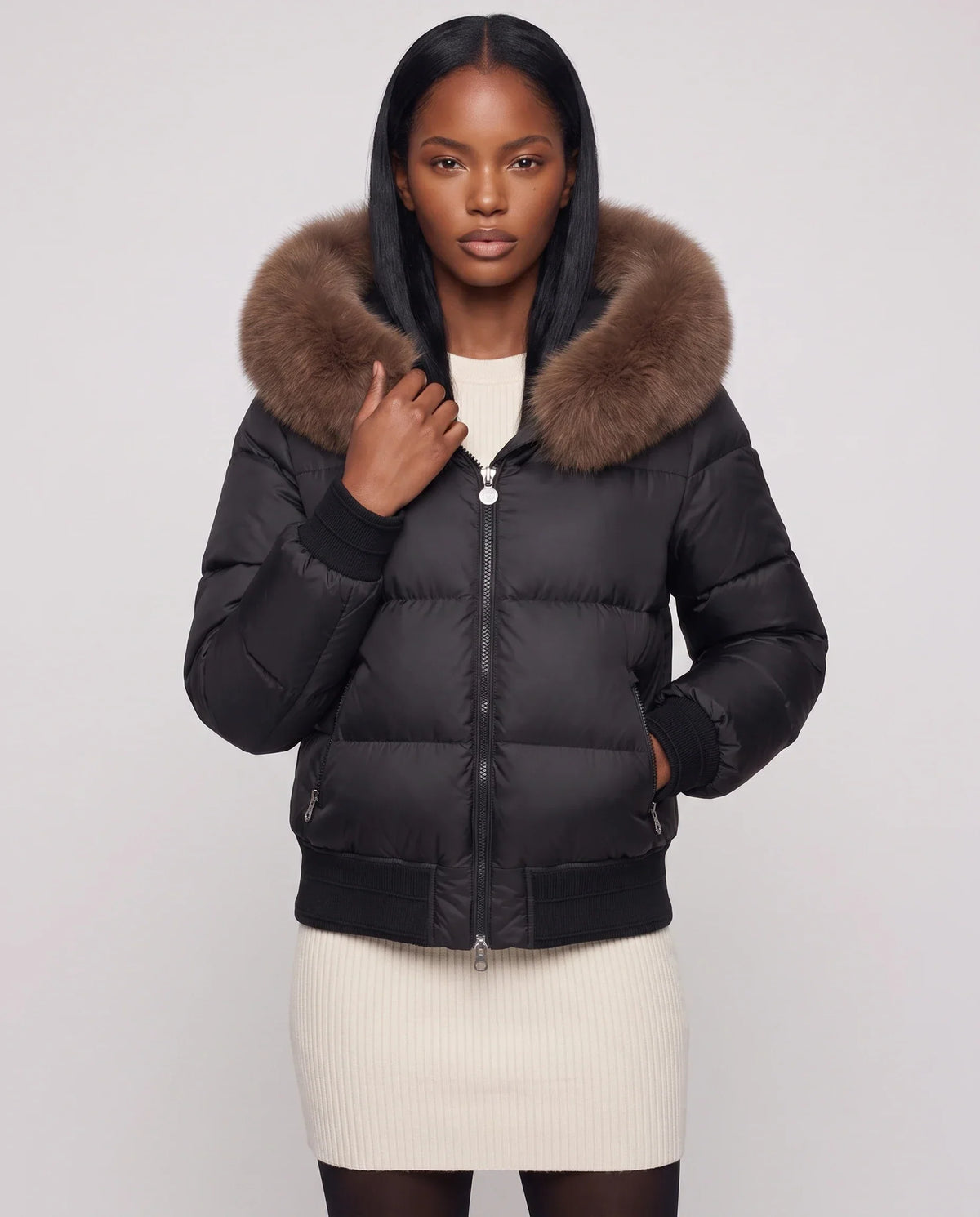 Short Bomber Puffer Jacket with Faux Fur Hood