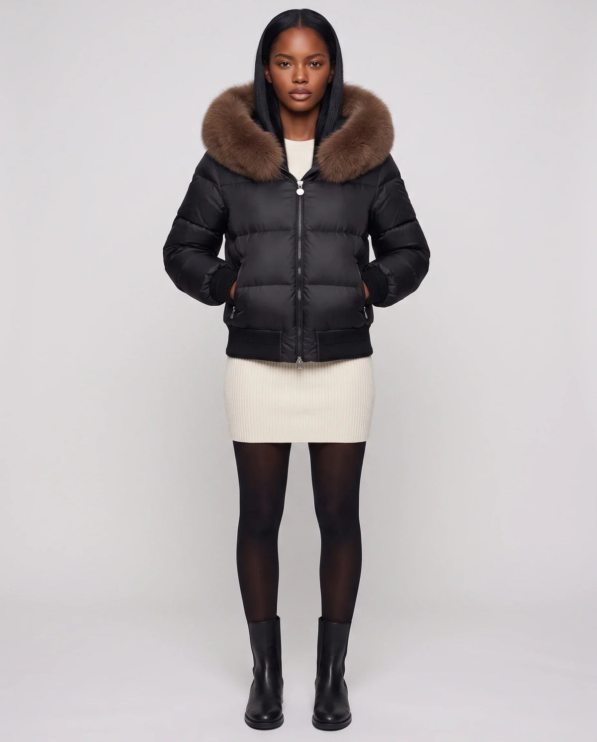 Short Bomber Puffer Jacket with Faux Fur Hood