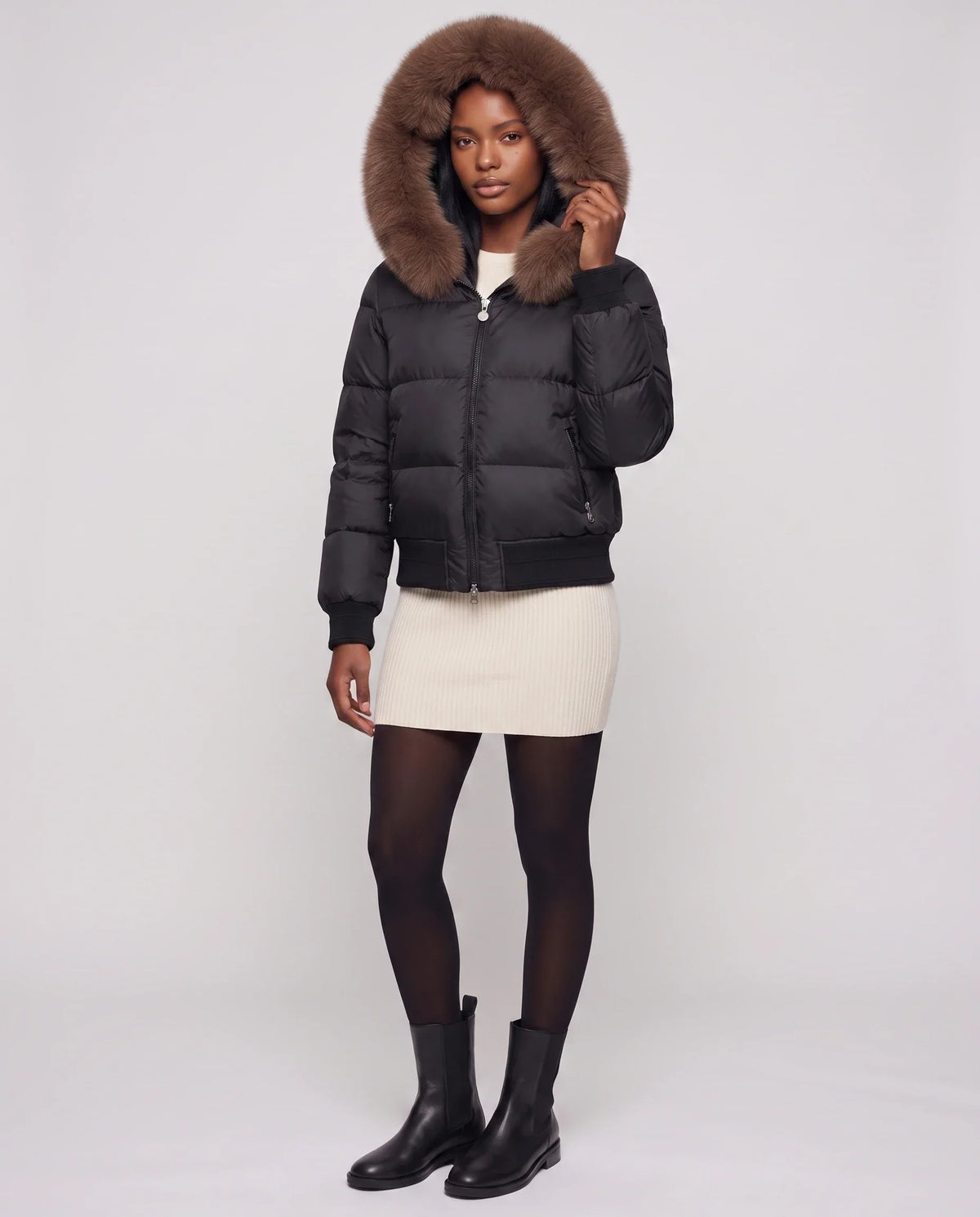 Short Bomber Puffer Jacket with Faux Fur Hood