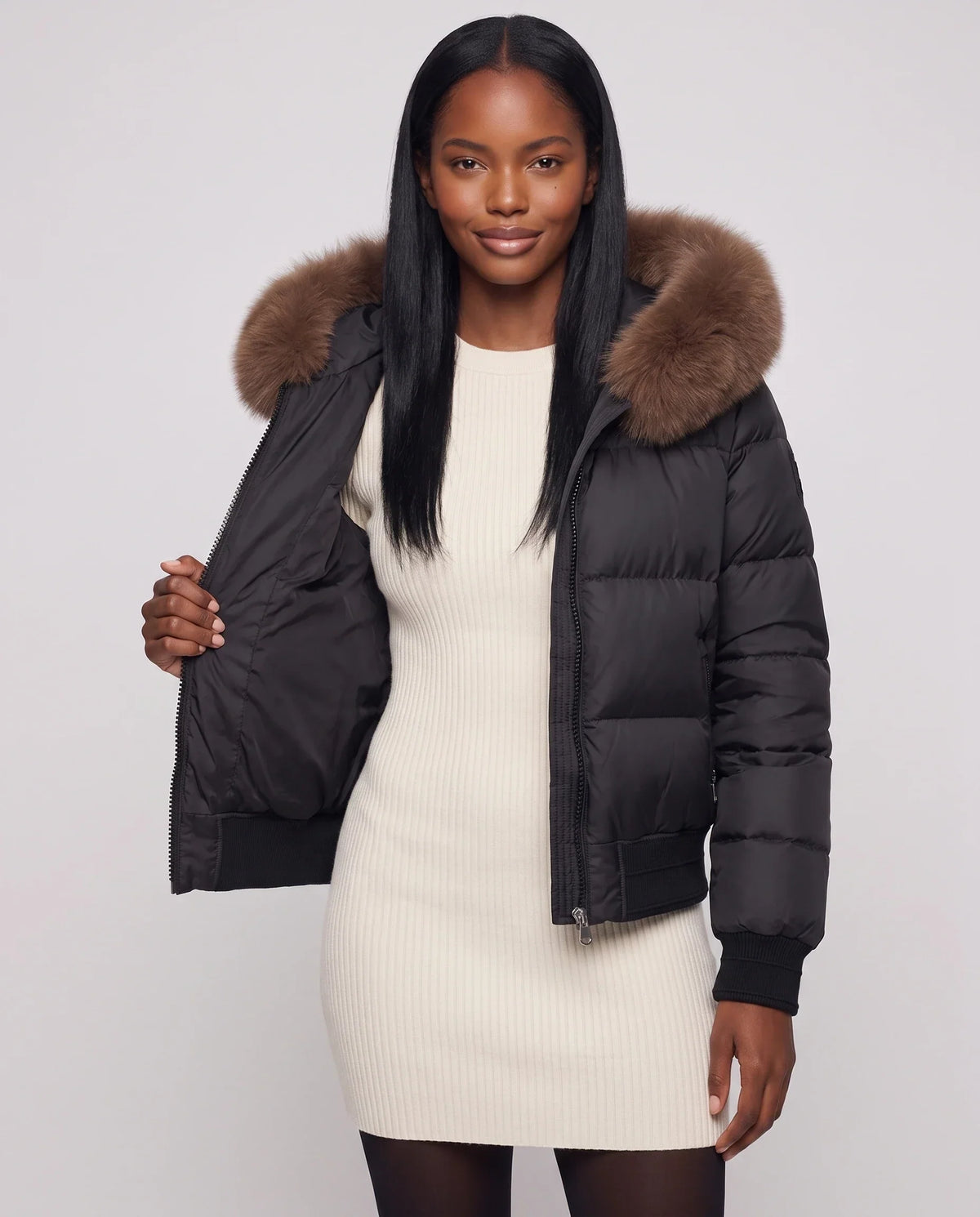 Short Bomber Puffer Jacket with Faux Fur Hood
