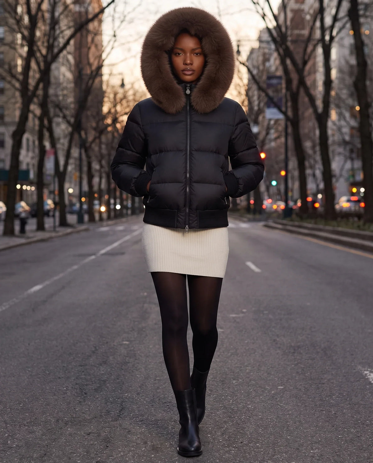 Short Bomber Puffer Jacket with Faux Fur Hood