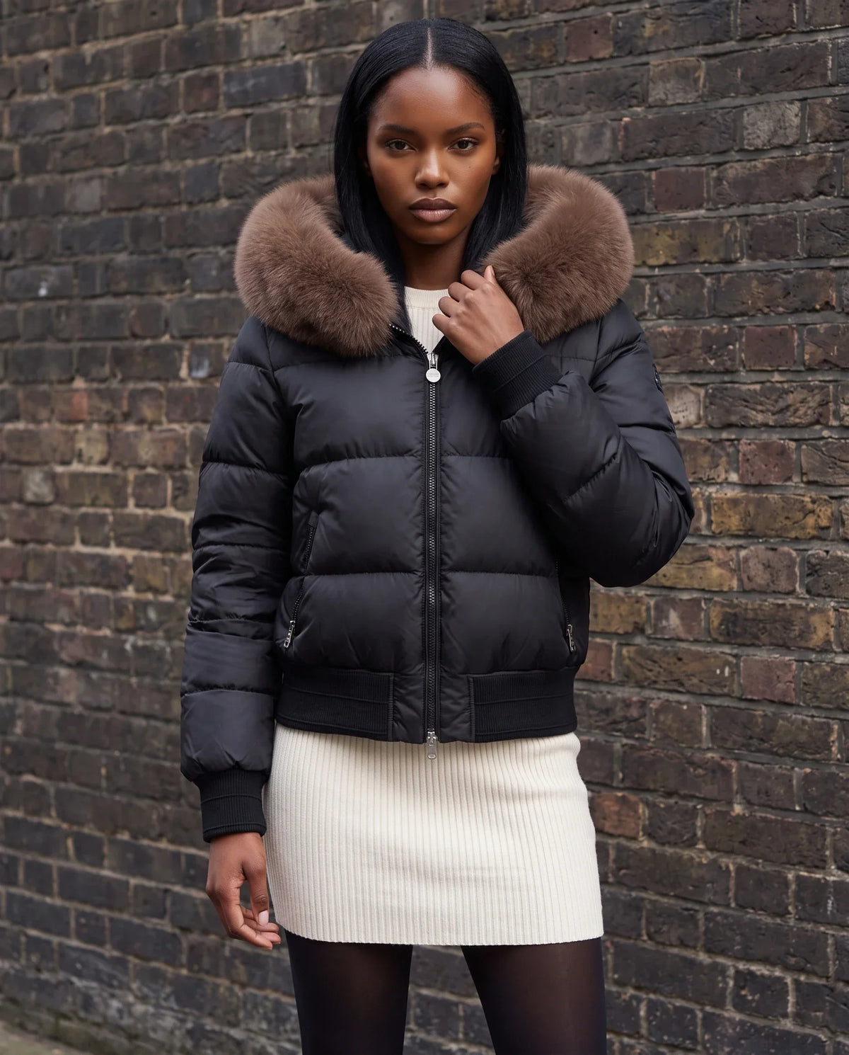 Short Bomber Puffer Jacket with Faux Fur Hood