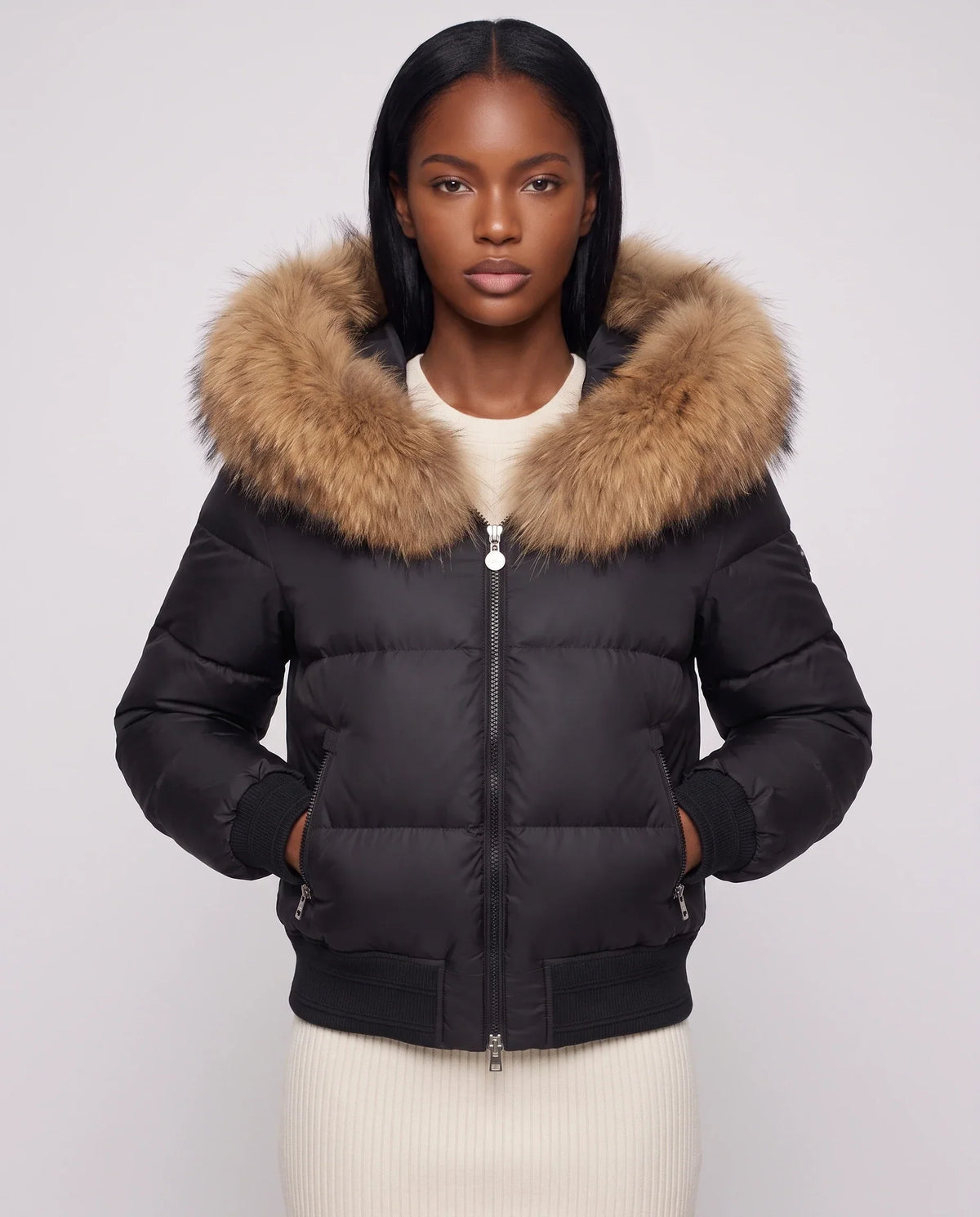 Short Bomber Puffer Jacket with Faux Fur Hood