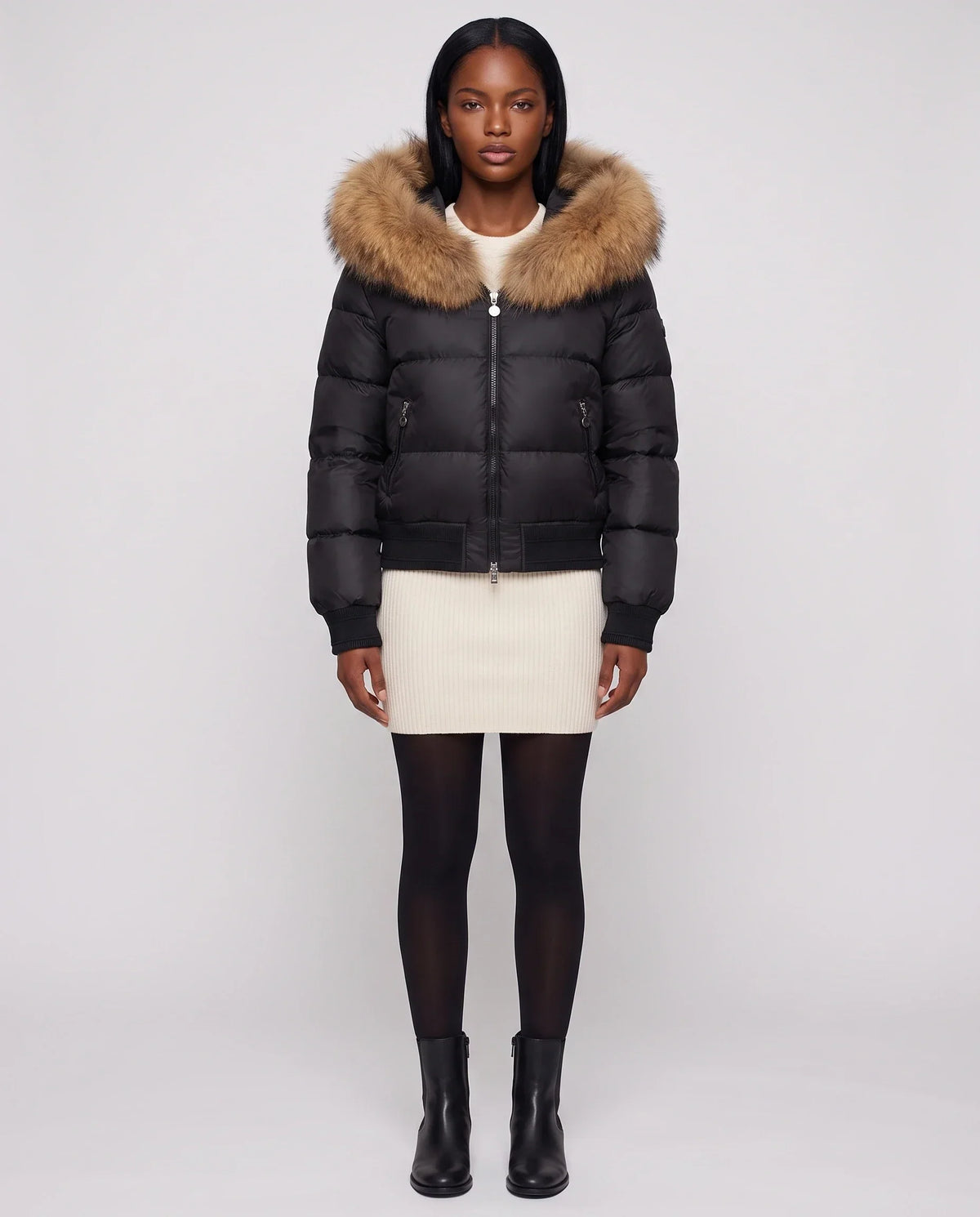 Short Bomber Puffer Jacket with Faux Fur Hood