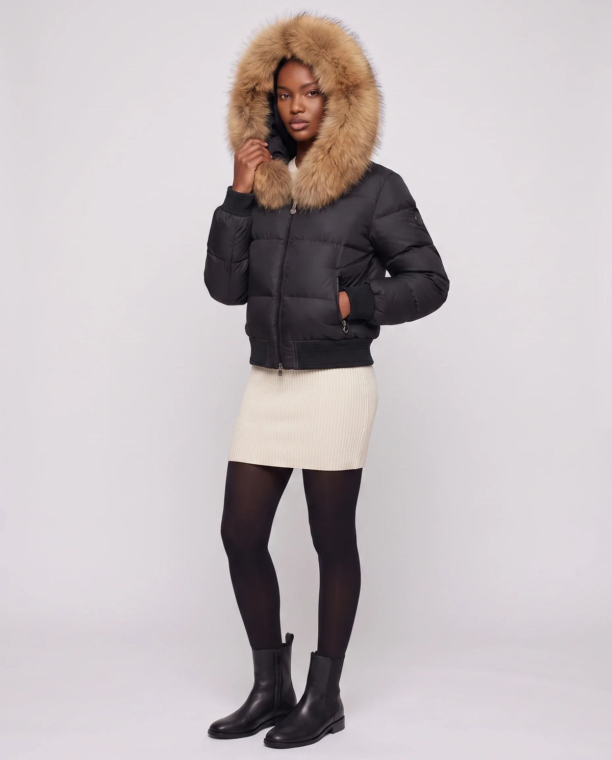 Short Bomber Puffer Jacket with Faux Fur Hood