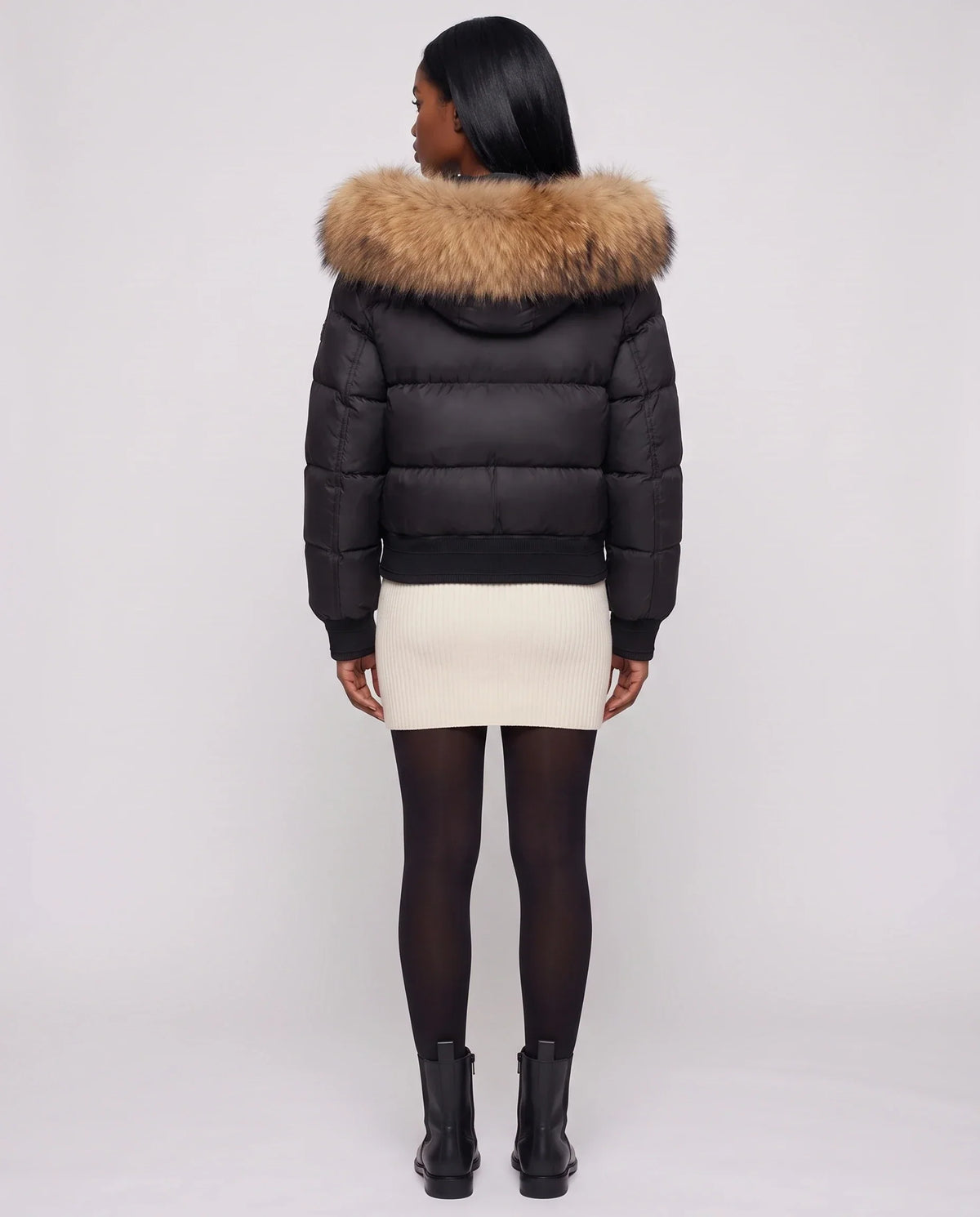 Short Bomber Puffer Jacket with Faux Fur Hood