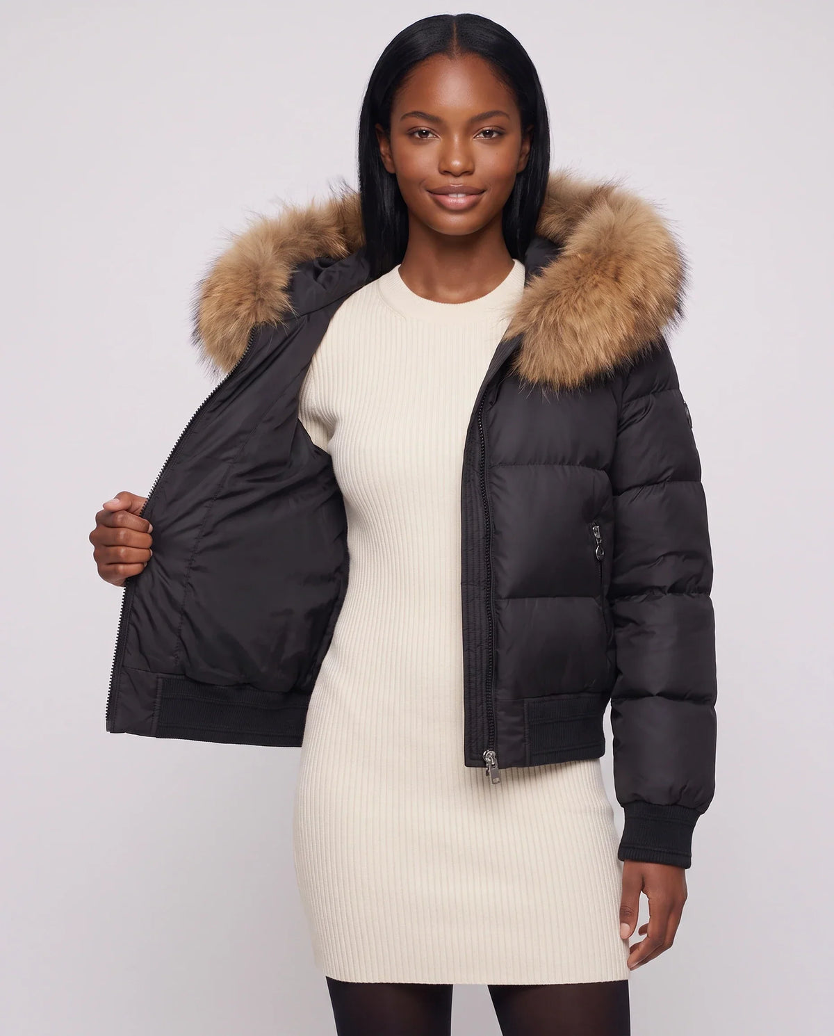 Short Bomber Puffer Jacket with Faux Fur Hood
