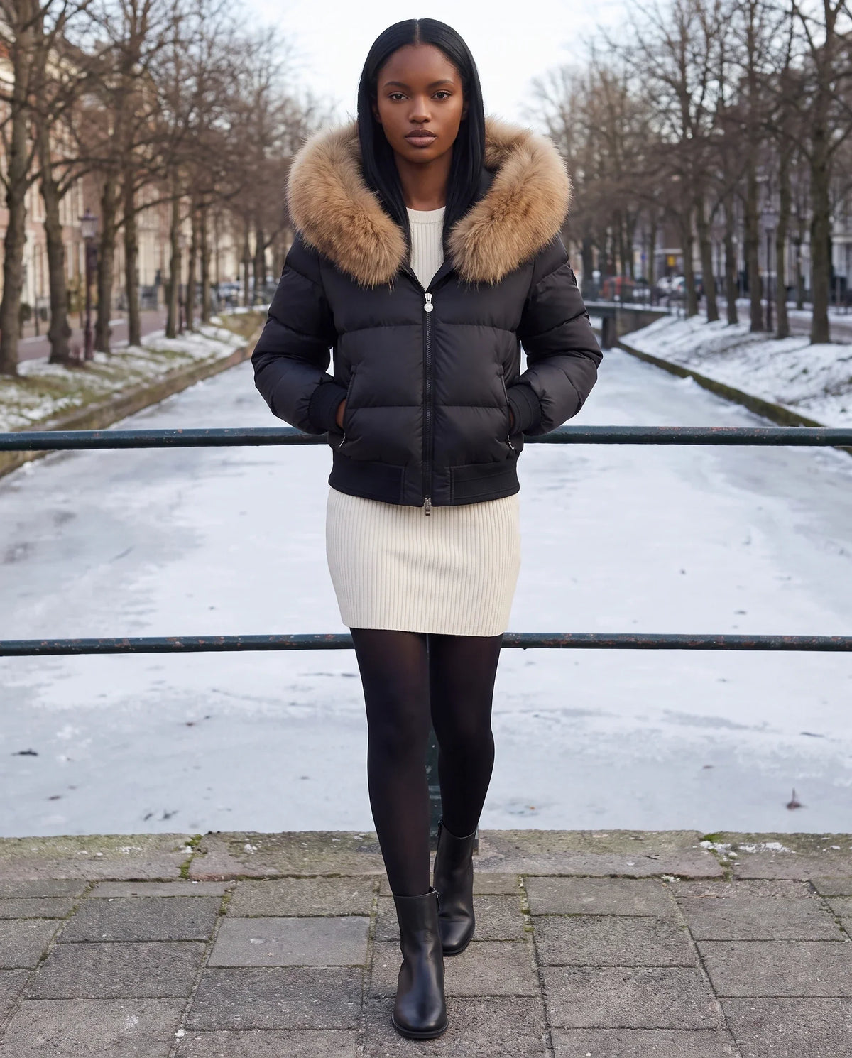 Short Bomber Puffer Jacket with Faux Fur Hood
