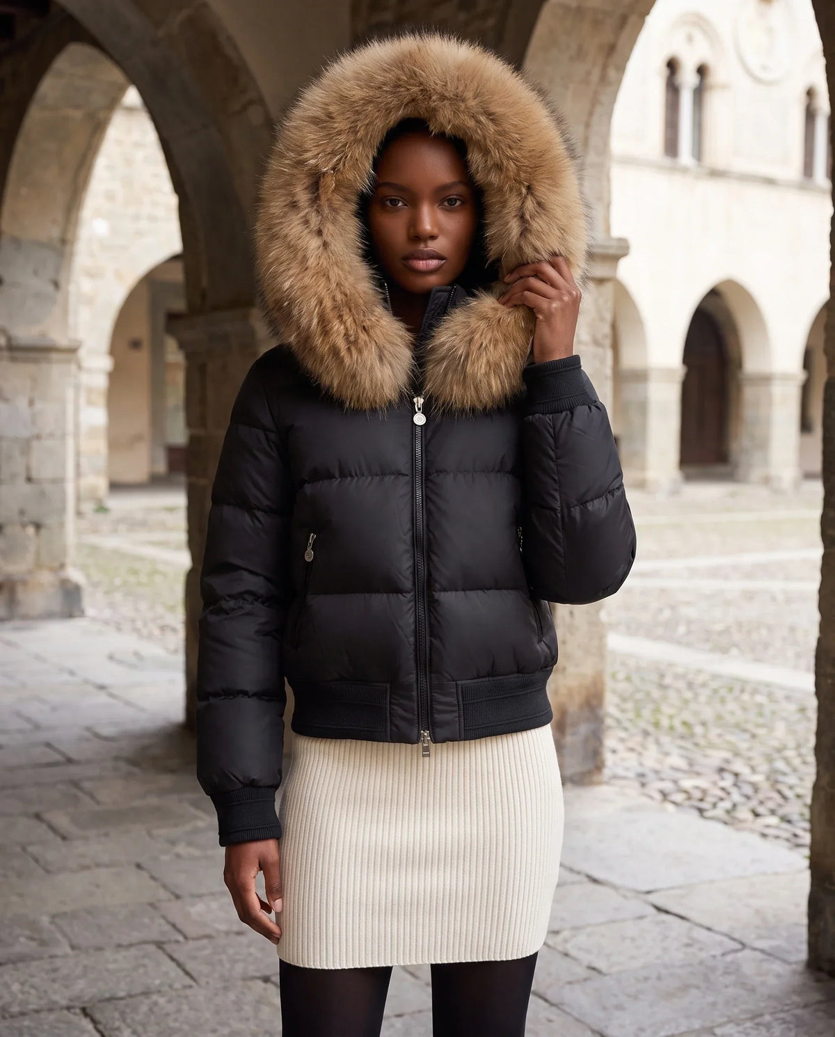 Short Bomber Puffer Jacket with Faux Fur Hood