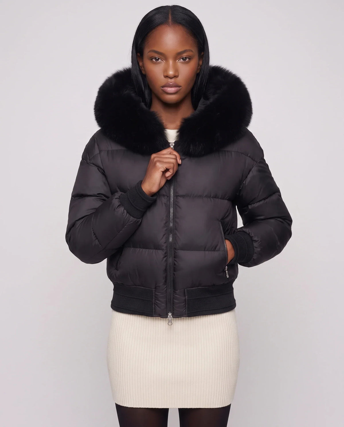 Short Bomber Puffer Jacket with Faux Fur Hood