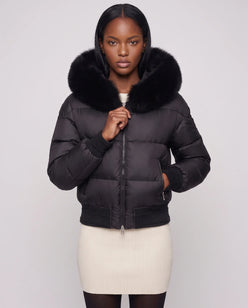 Short Bomber Puffer Jacket with Faux Fur Hood