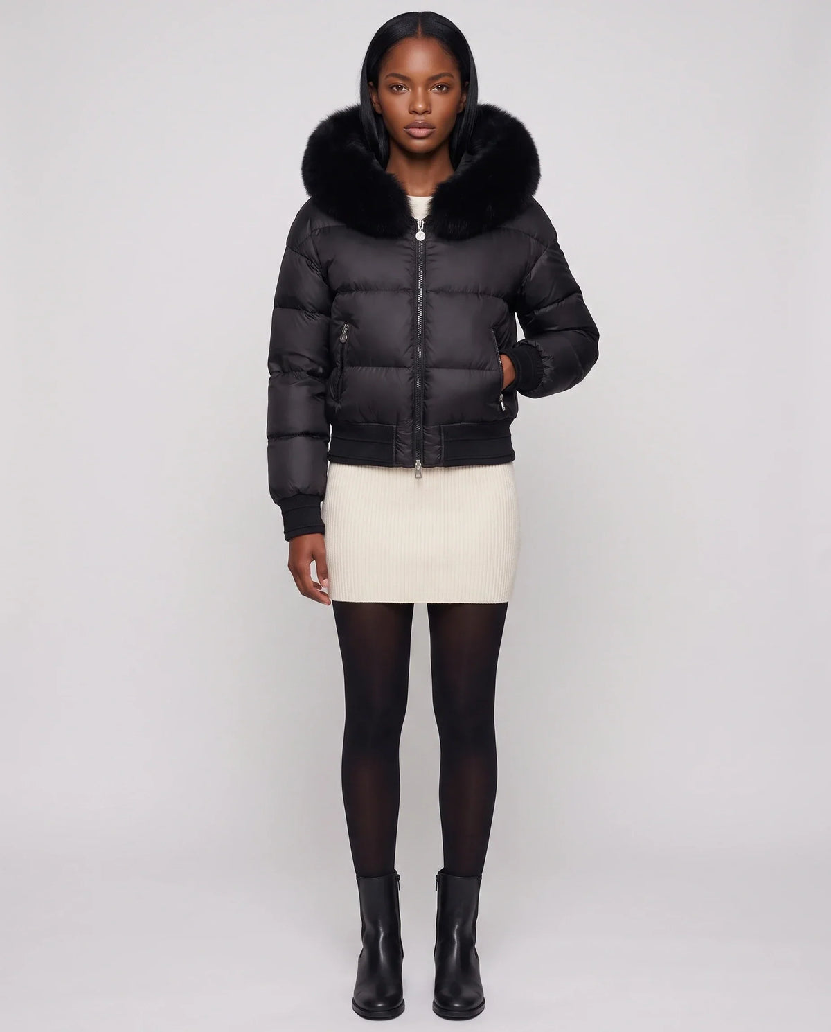 Short Bomber Puffer Jacket with Faux Fur Hood