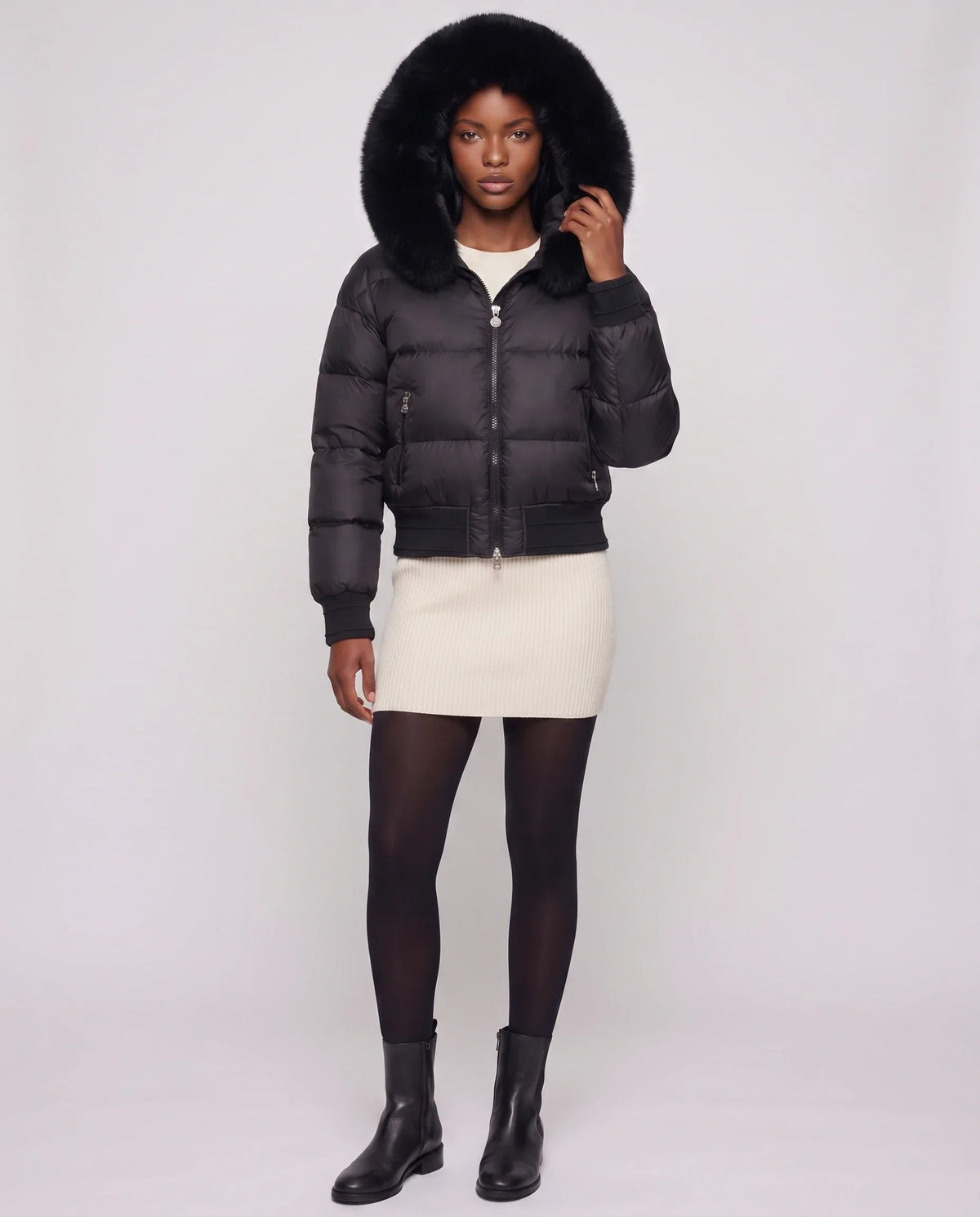 Short Bomber Puffer Jacket with Faux Fur Hood