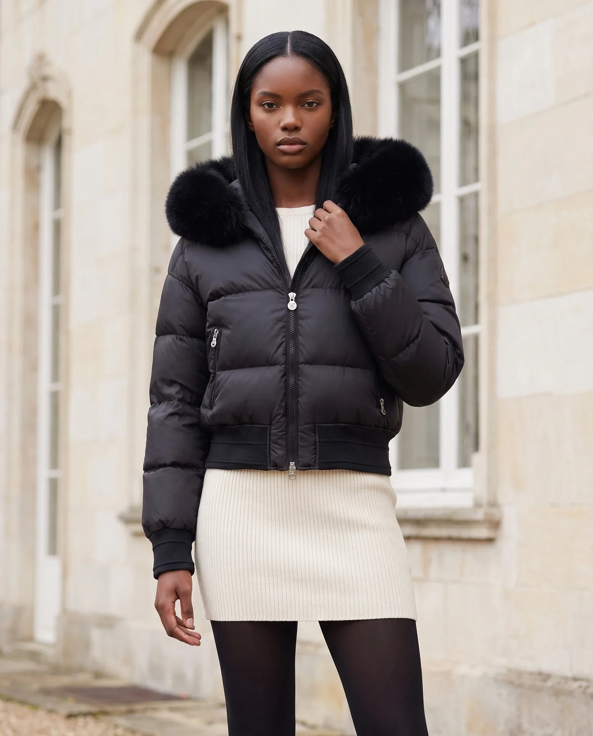 Short Bomber Puffer Jacket with Faux Fur Hood