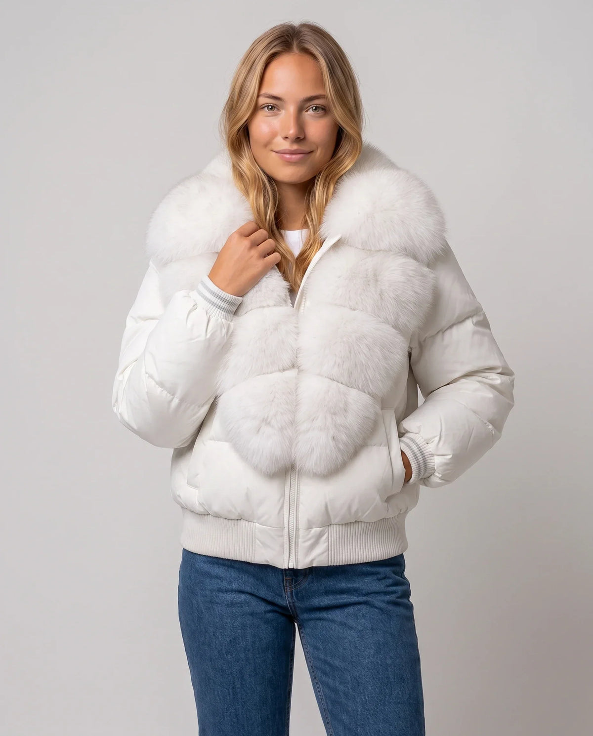 Short Puffer Jacket with Wide Faux Fur Collar