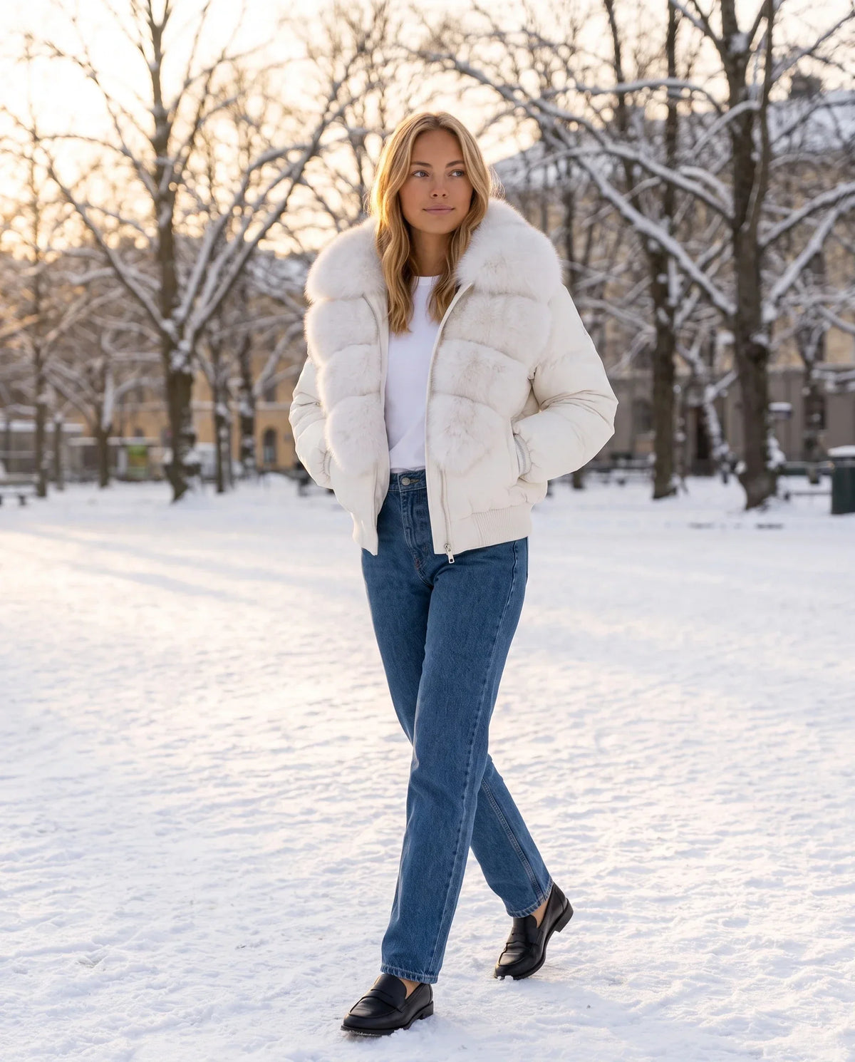 Short Puffer Jacket with Wide Faux Fur Collar