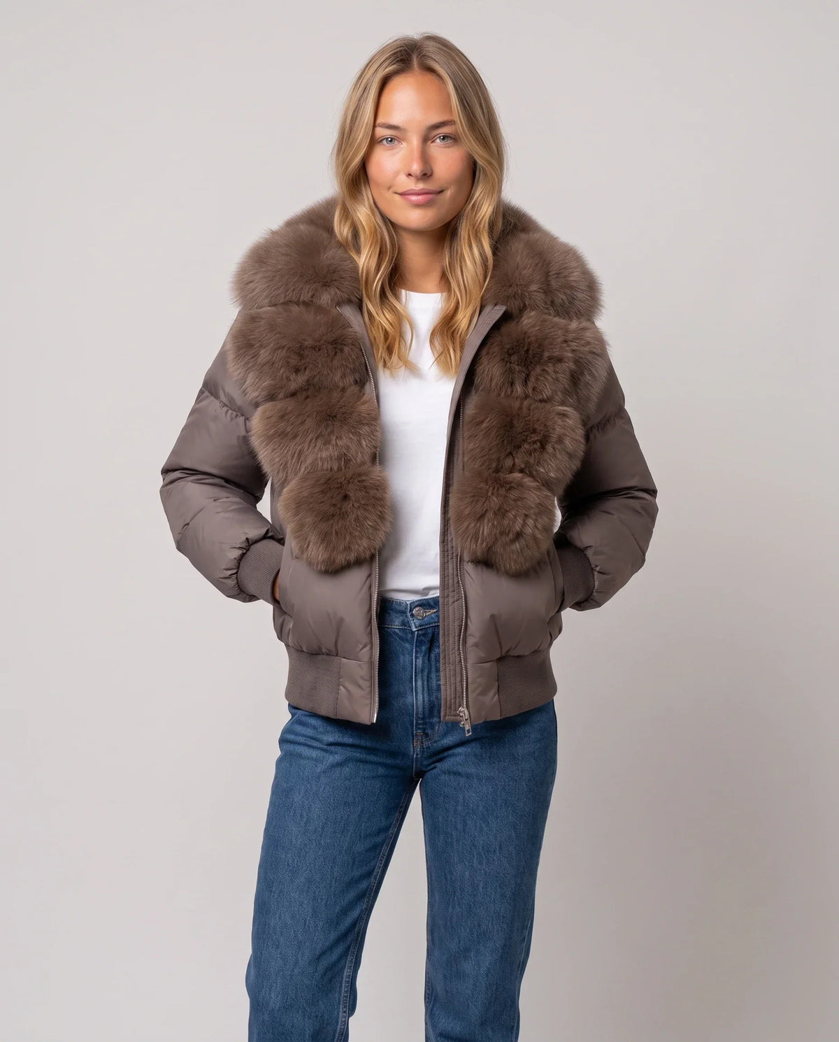Short Puffer Jacket with Wide Faux Fur Collar