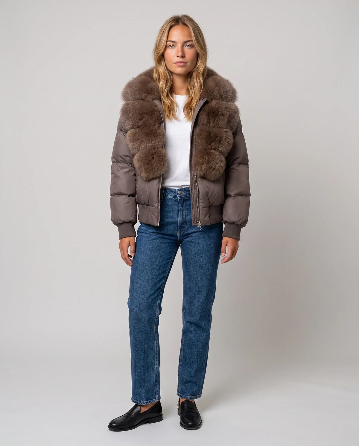 Short Puffer Jacket with Wide Faux Fur Collar