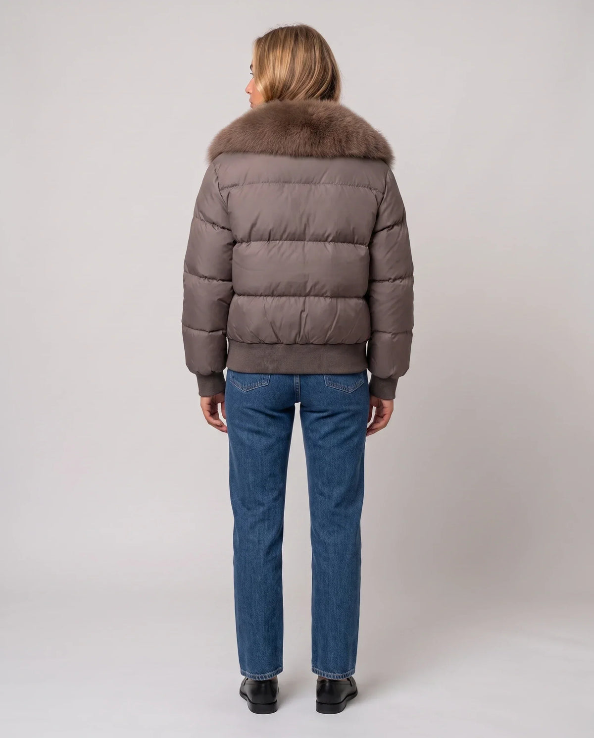 Short Puffer Jacket with Wide Faux Fur Collar