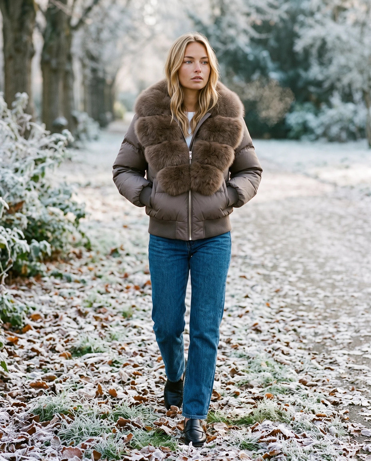 Short Puffer Jacket with Wide Faux Fur Collar