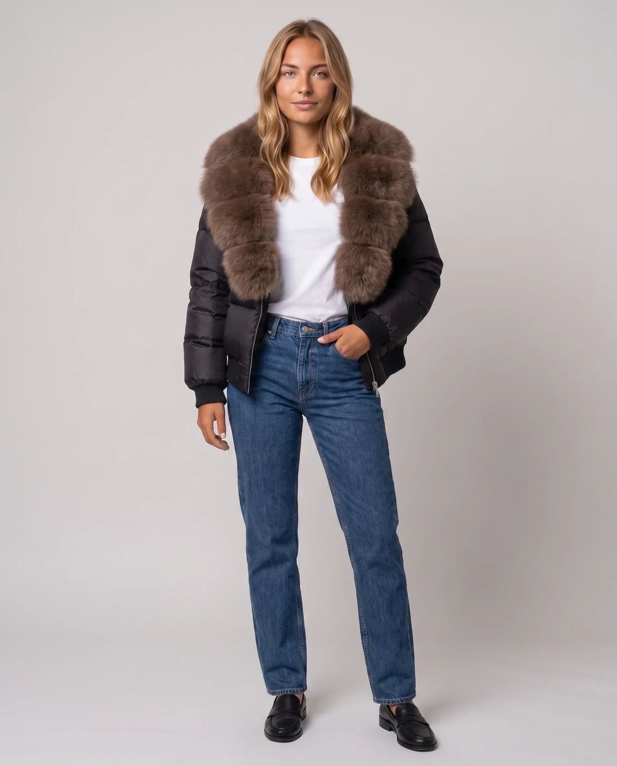 Short Puffer Jacket with Wide Faux Fur Collar