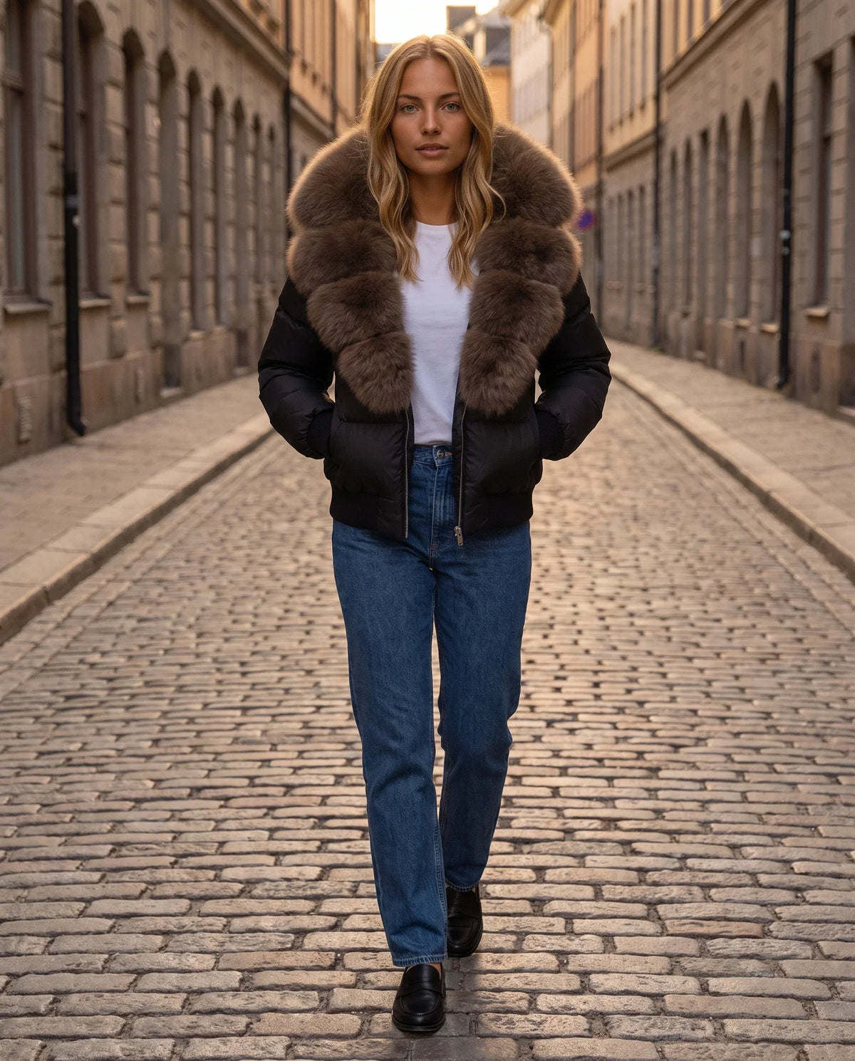 Short Puffer Jacket with Wide Faux Fur Collar