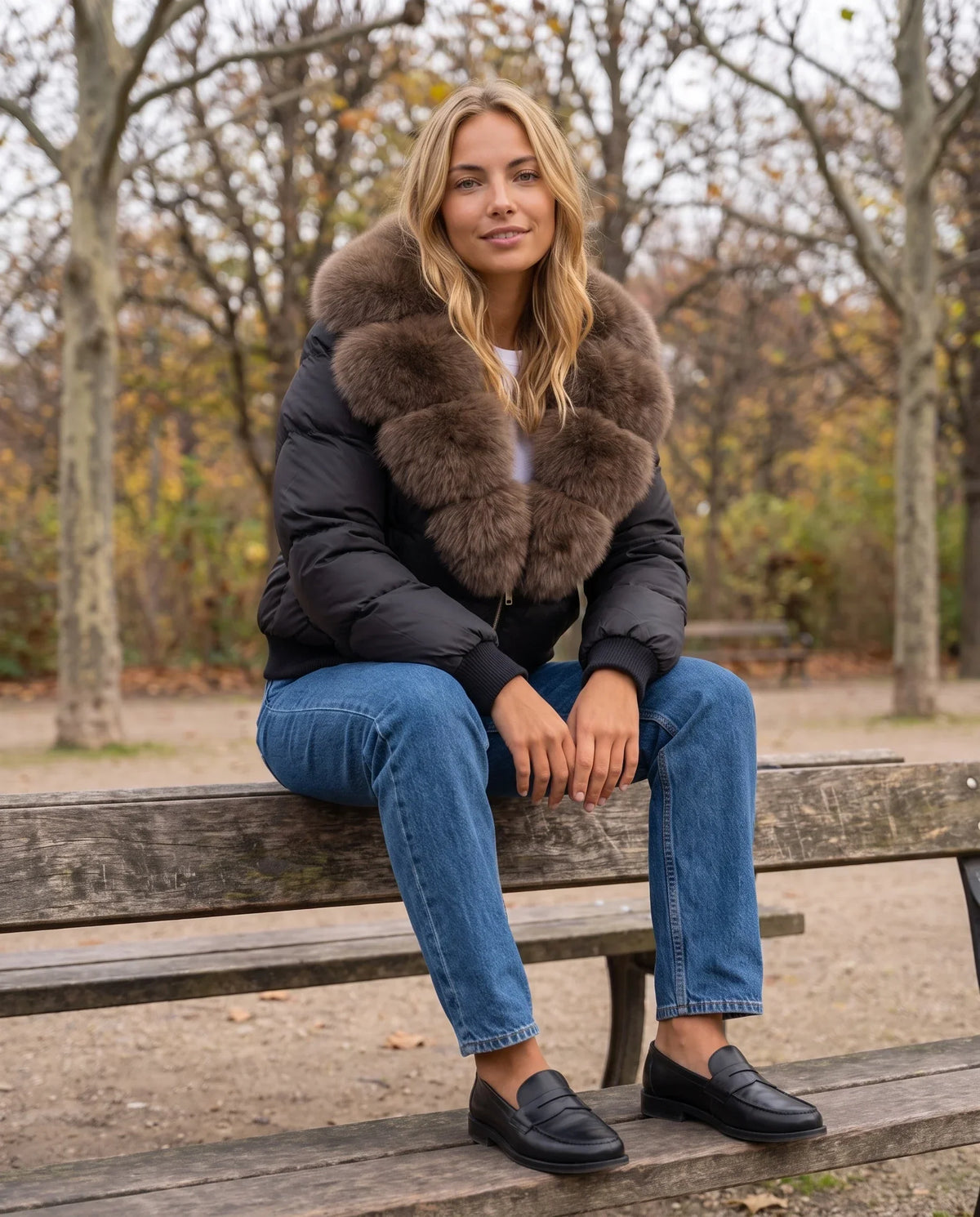 Short Puffer Jacket with Wide Faux Fur Collar