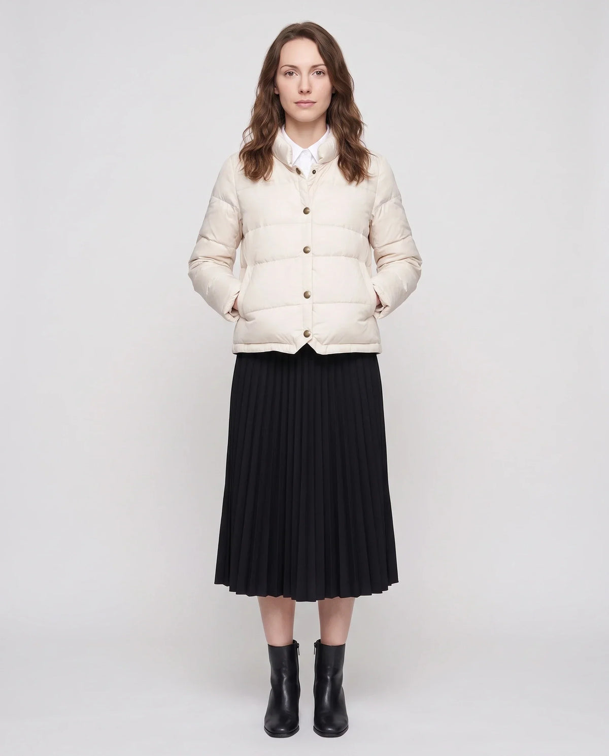 Short Lightweight Puffer Jacket with Brass Poppers